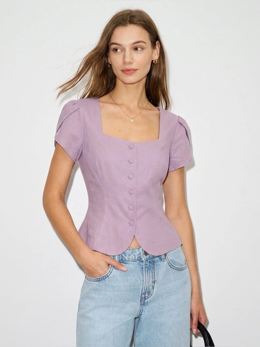Rihoas Purple Square Neck Petal Sleeve Blouse